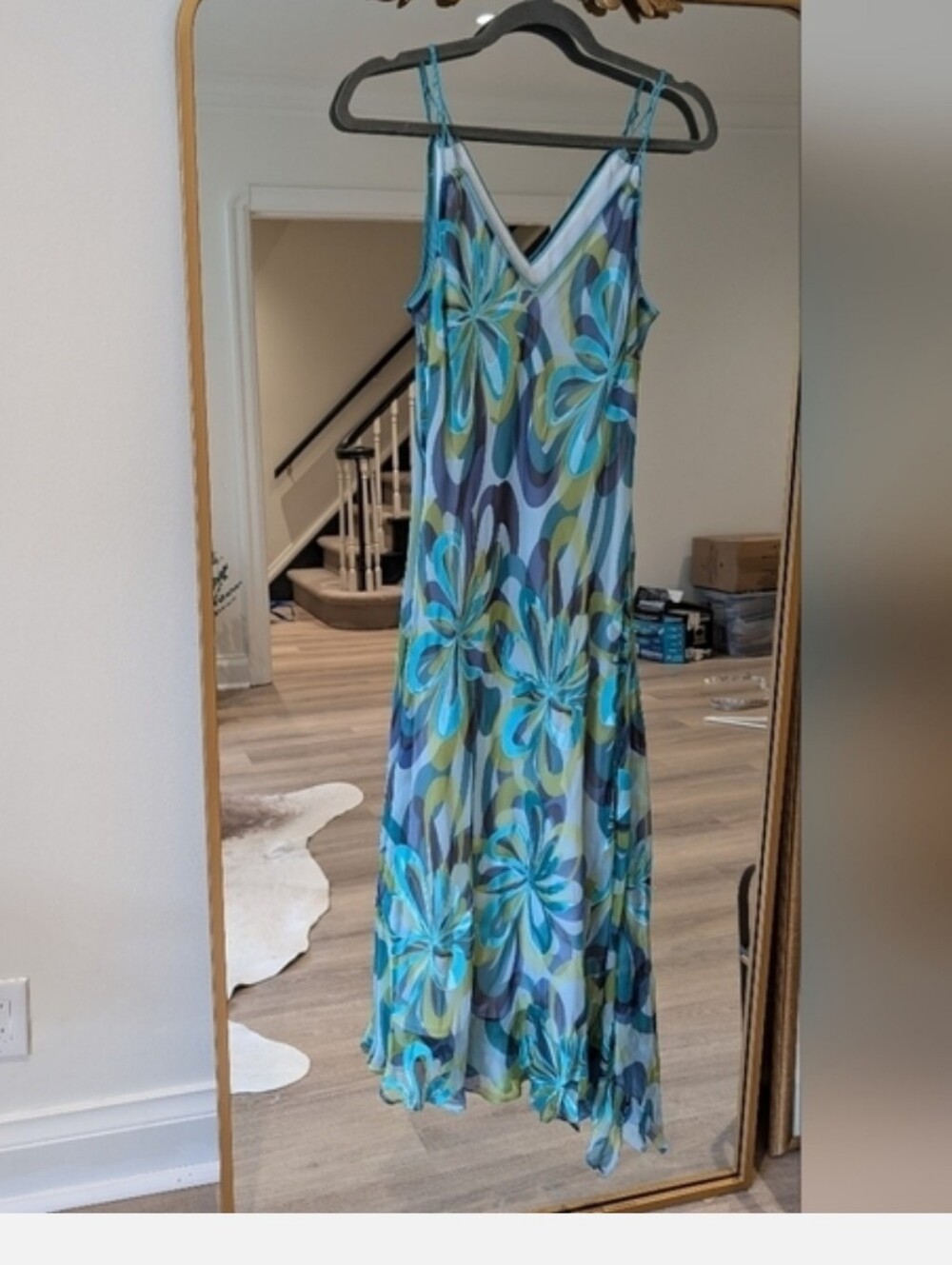Planet V-Neck Floral Maxi Dress Blue Green Silk - Picture 2 of 7